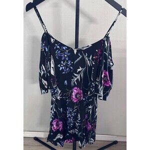 Express XS Black Floral Off Shoulder Ruffle Strap Short Sleeve Sundress